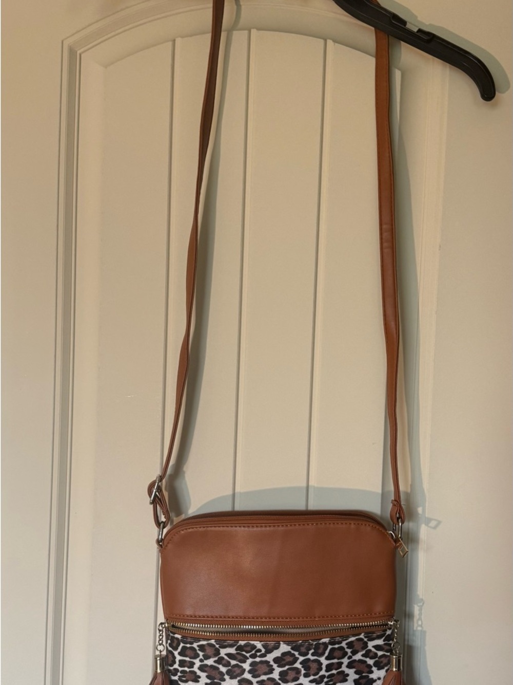Brown Leather Crossbody Bag with Leopard Accent